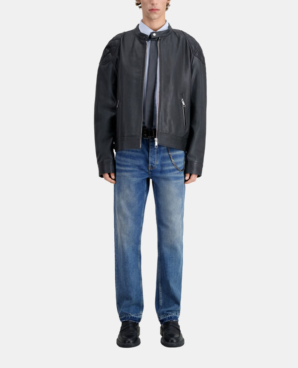 blouson en cuir noir avec détails matelassés
