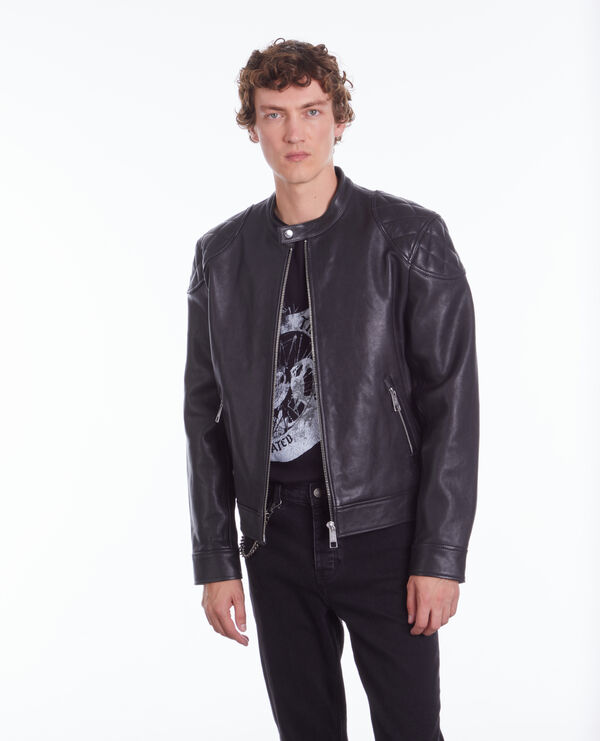 black leather jacket with quilted details