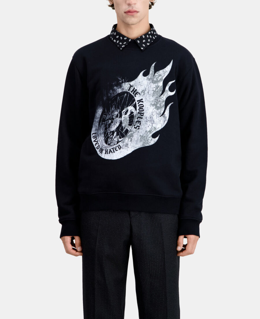 The Kooples H BLACK men's black sweatshirt with flaming wheel serigraphy