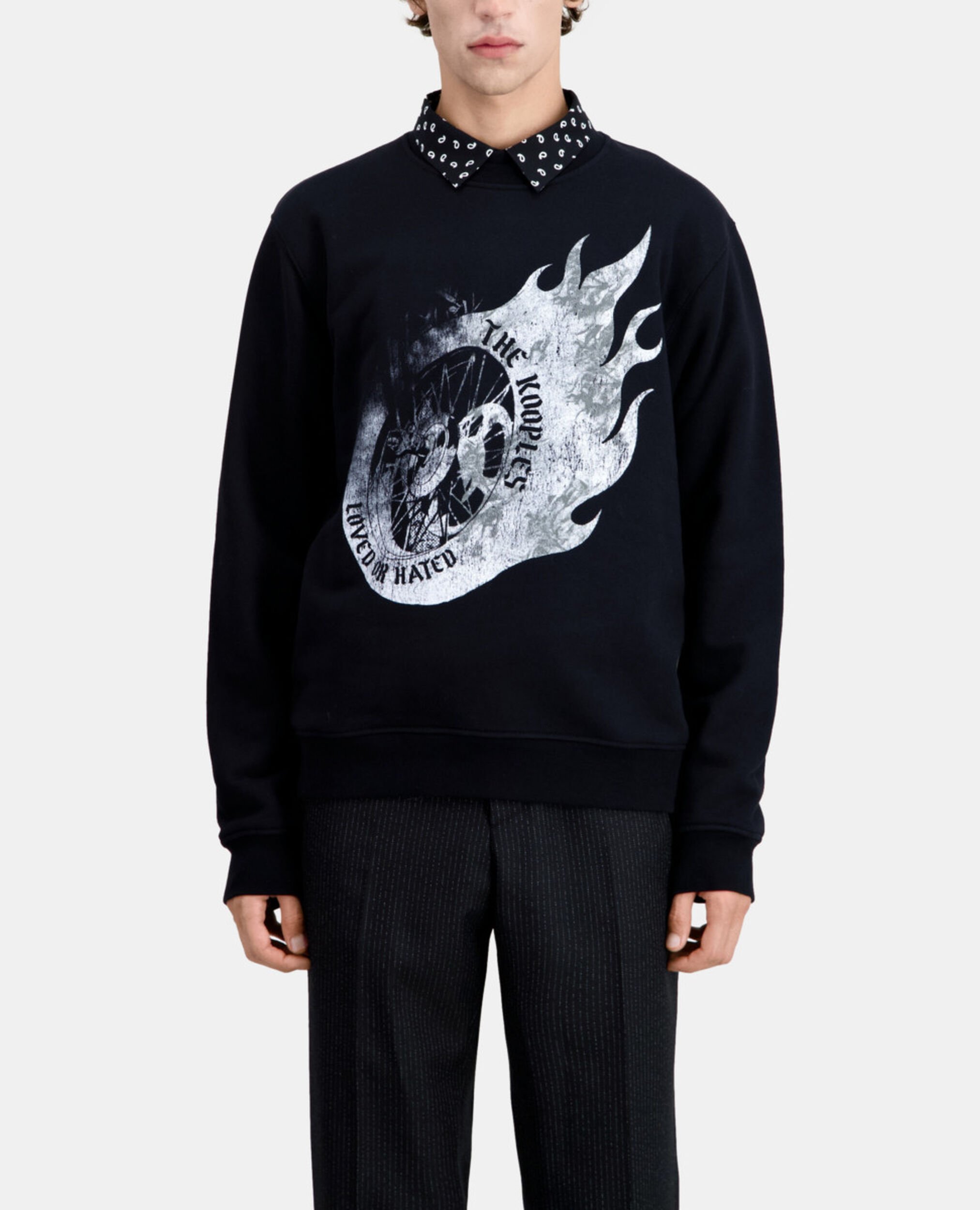 Men's Black sweatshirt with Flaming wheel serigraphy, BLACK, hi-res image number null