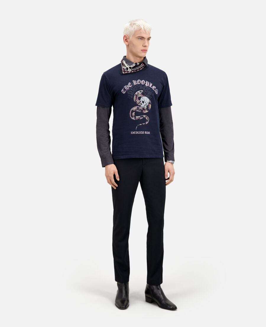 navy blue t-shirt with sneaky snake serigraphy