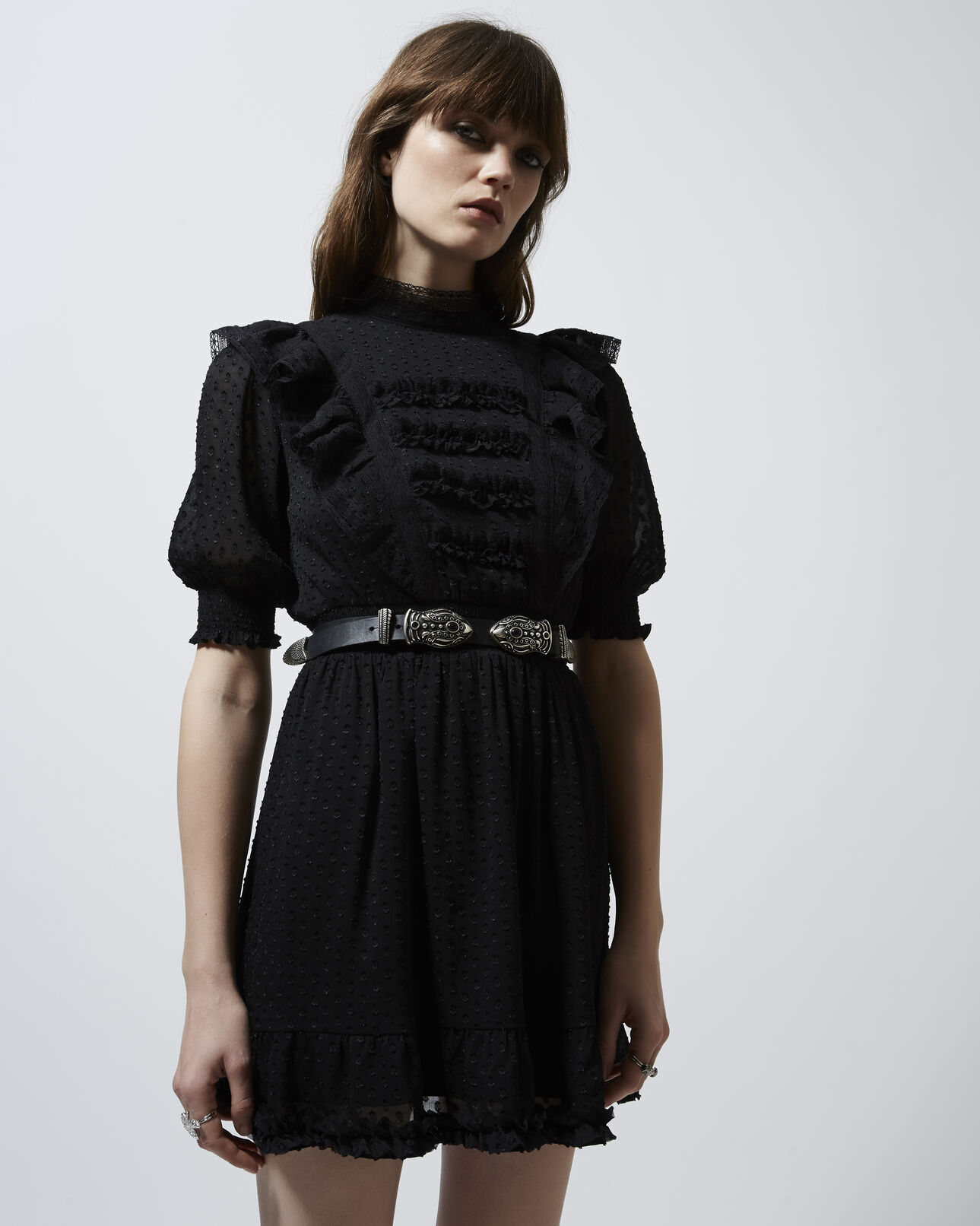 The Kooples FEMME BLACK robe noire courte col rond plumetis