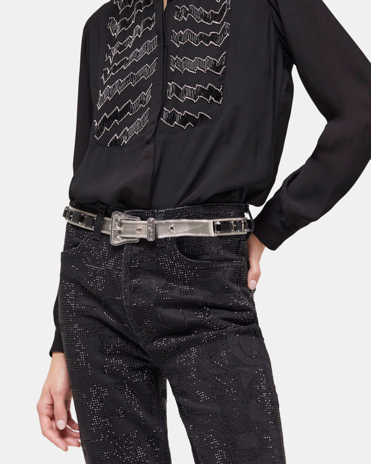 The Kooples WOMEN BLACK WASHED logo black slim-fit jeans with rhinestones