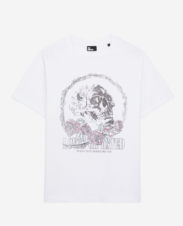 camiseta blanca serigrafía vintage skull
