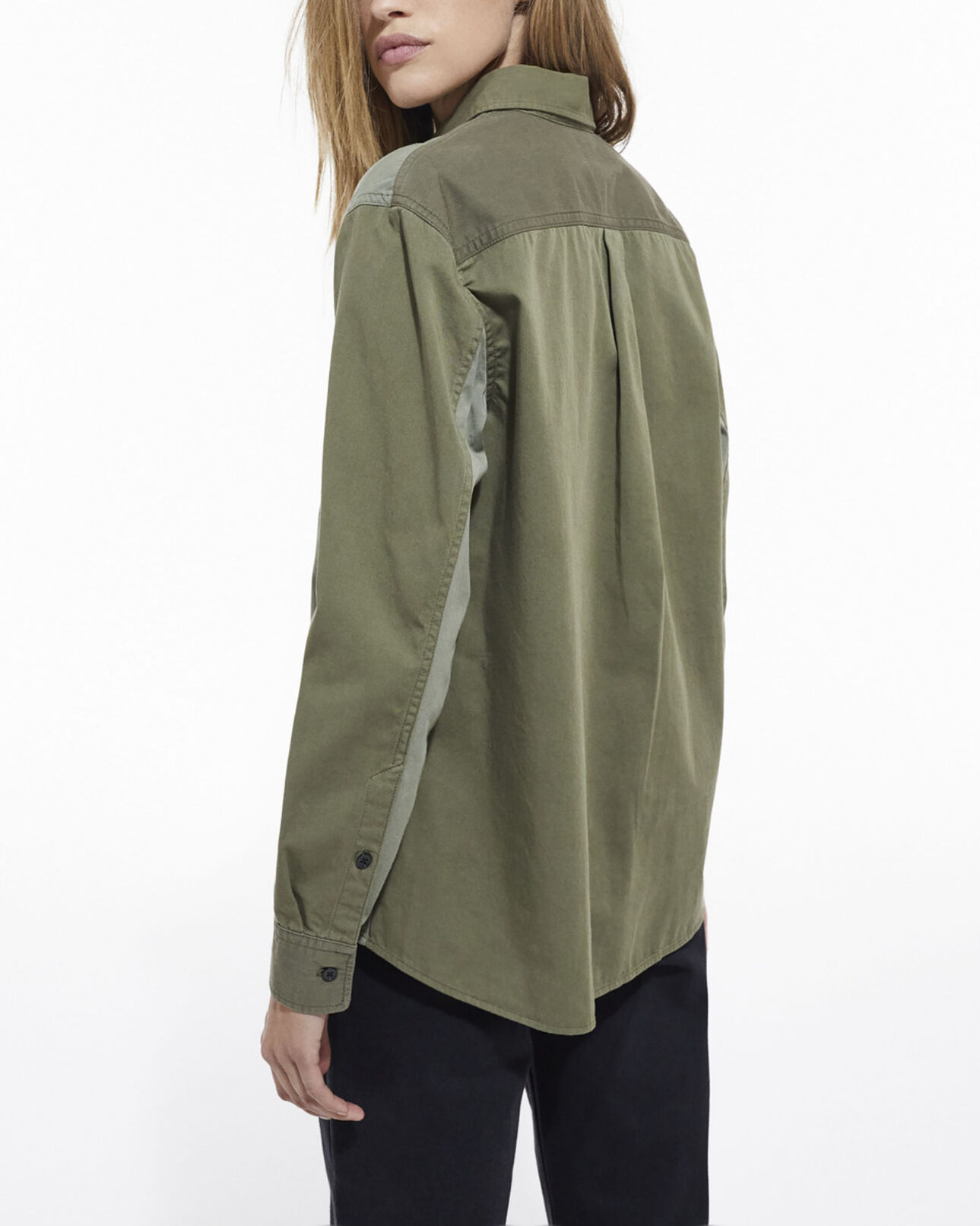 The Kooples WOMEN OLIVE NIGHT khaki patchwork denim shirt
