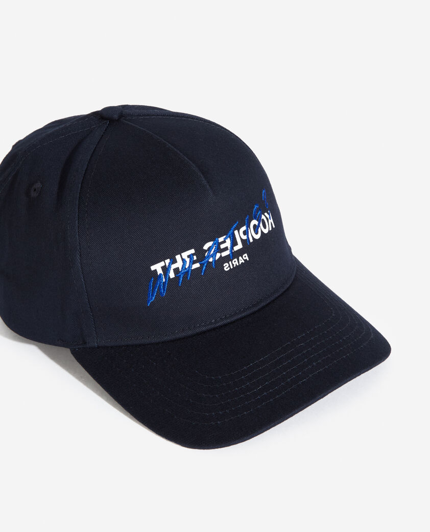 The Kooples MIXED NAVY navy blue cotton cap with embroidered &ldquo;what is&rdquo;