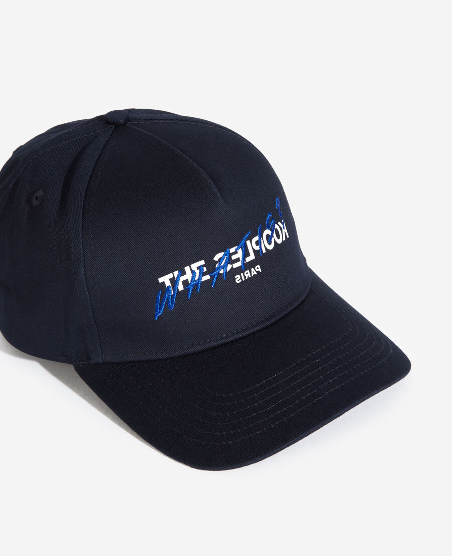 The Kooples MIXED NAVY navy blue cotton cap with embroidered &ldquo;what is&rdquo;