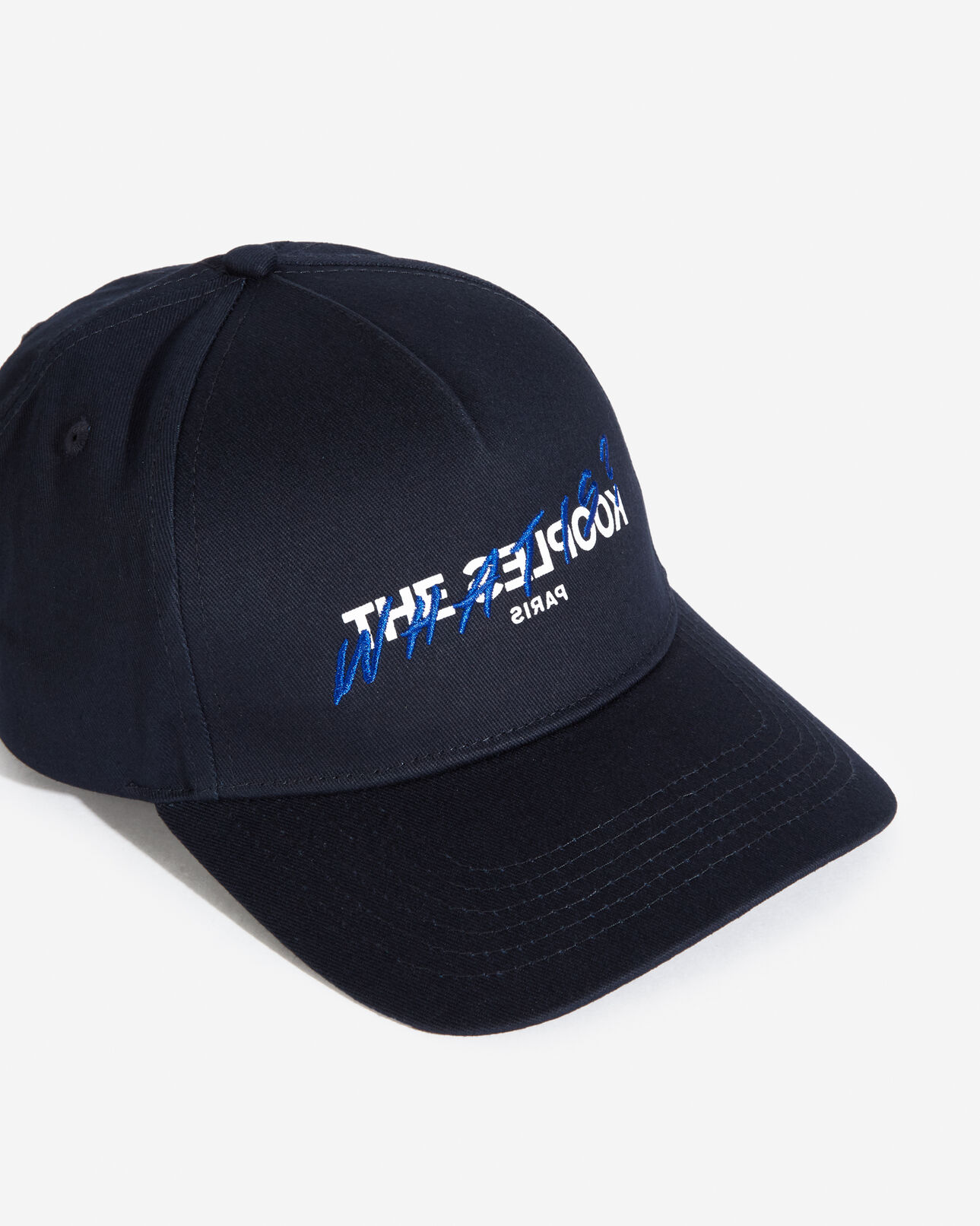 The Kooples MIXED NAVY navy blue cotton cap with embroidered “what is”