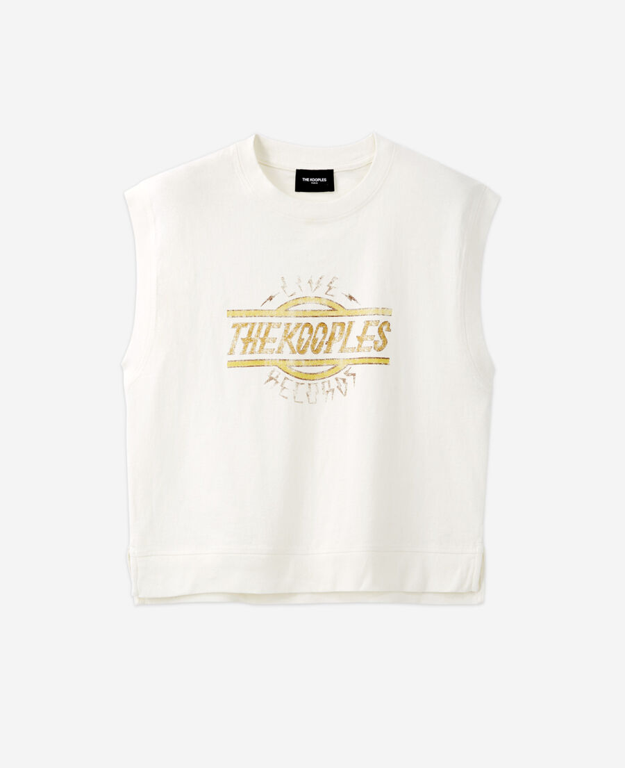 sleeveless printed ecru cotton t-shirt