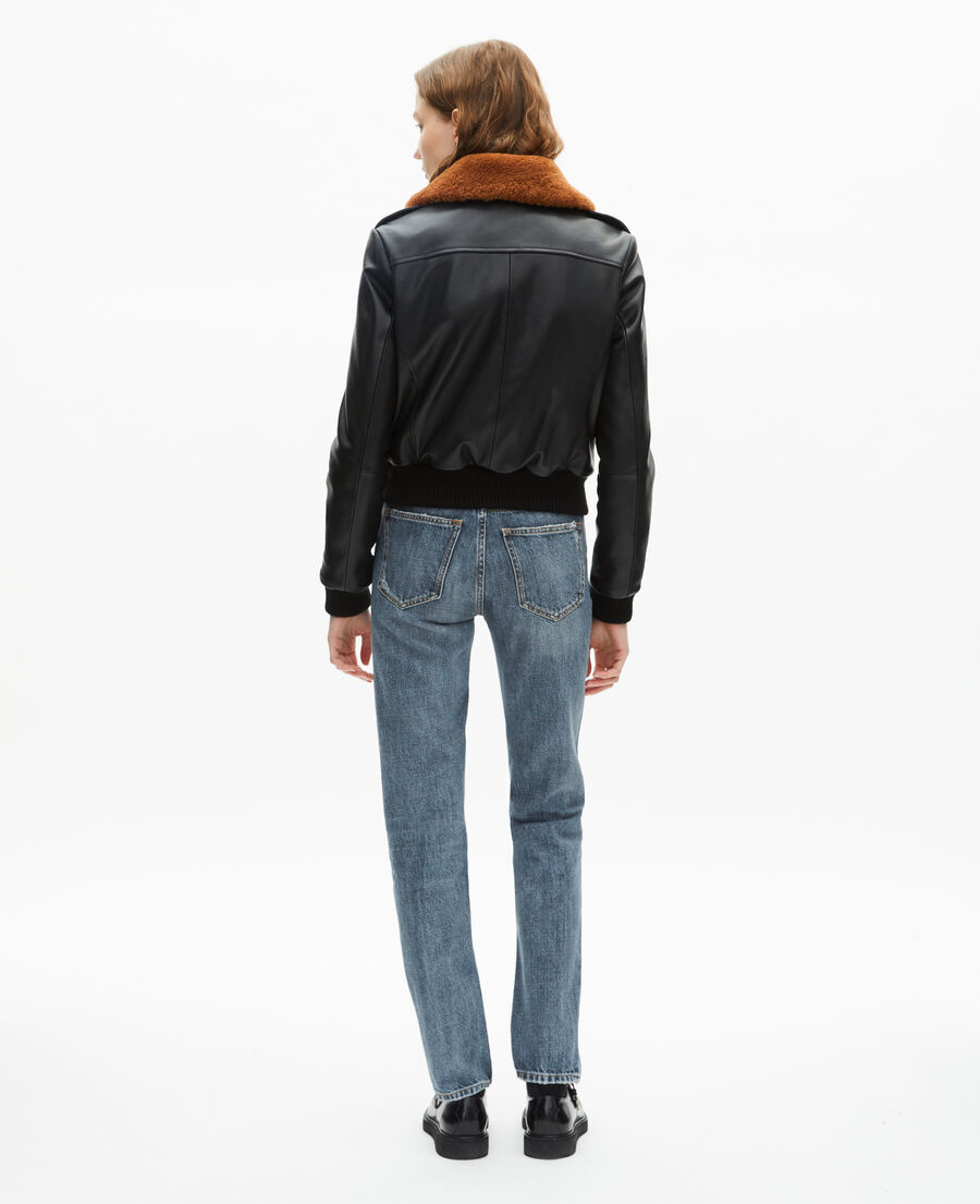 The Kooples FEMME BLACK blouson court en cuir lisse col sherpa noir