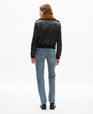 The Kooples FEMME BLACK blouson court en cuir lisse col sherpa noir