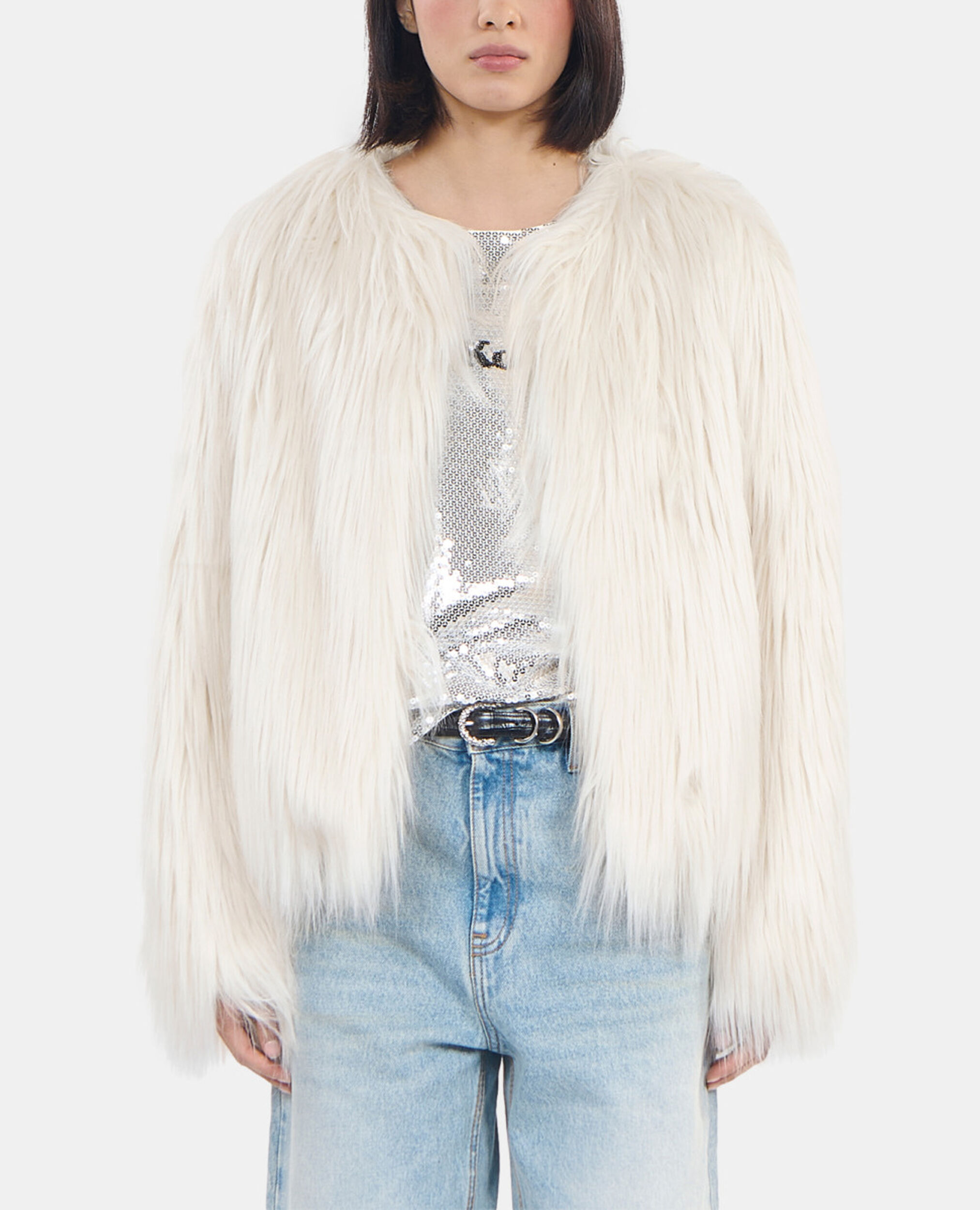 Ecru faux fur coat, ECRU, hi-res image number null