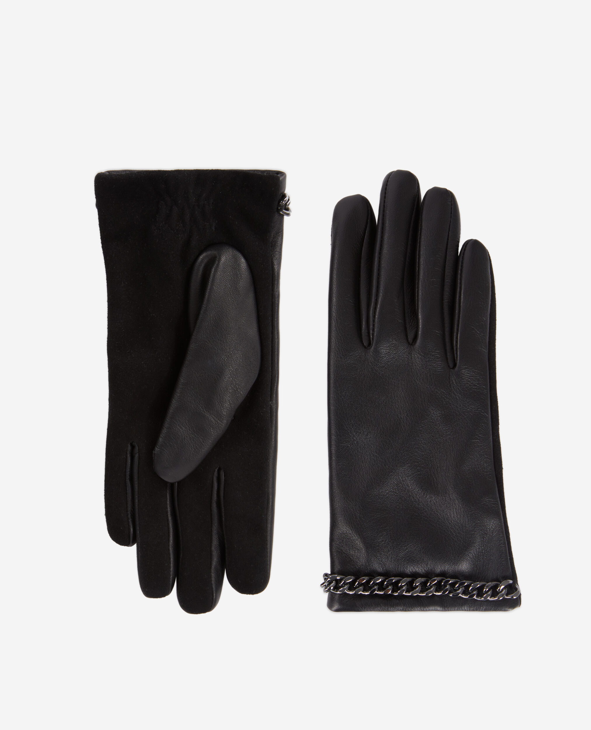 Schwarze Handschuhe Damen aus Leder mit Kette, BLACK, hi-res image number null