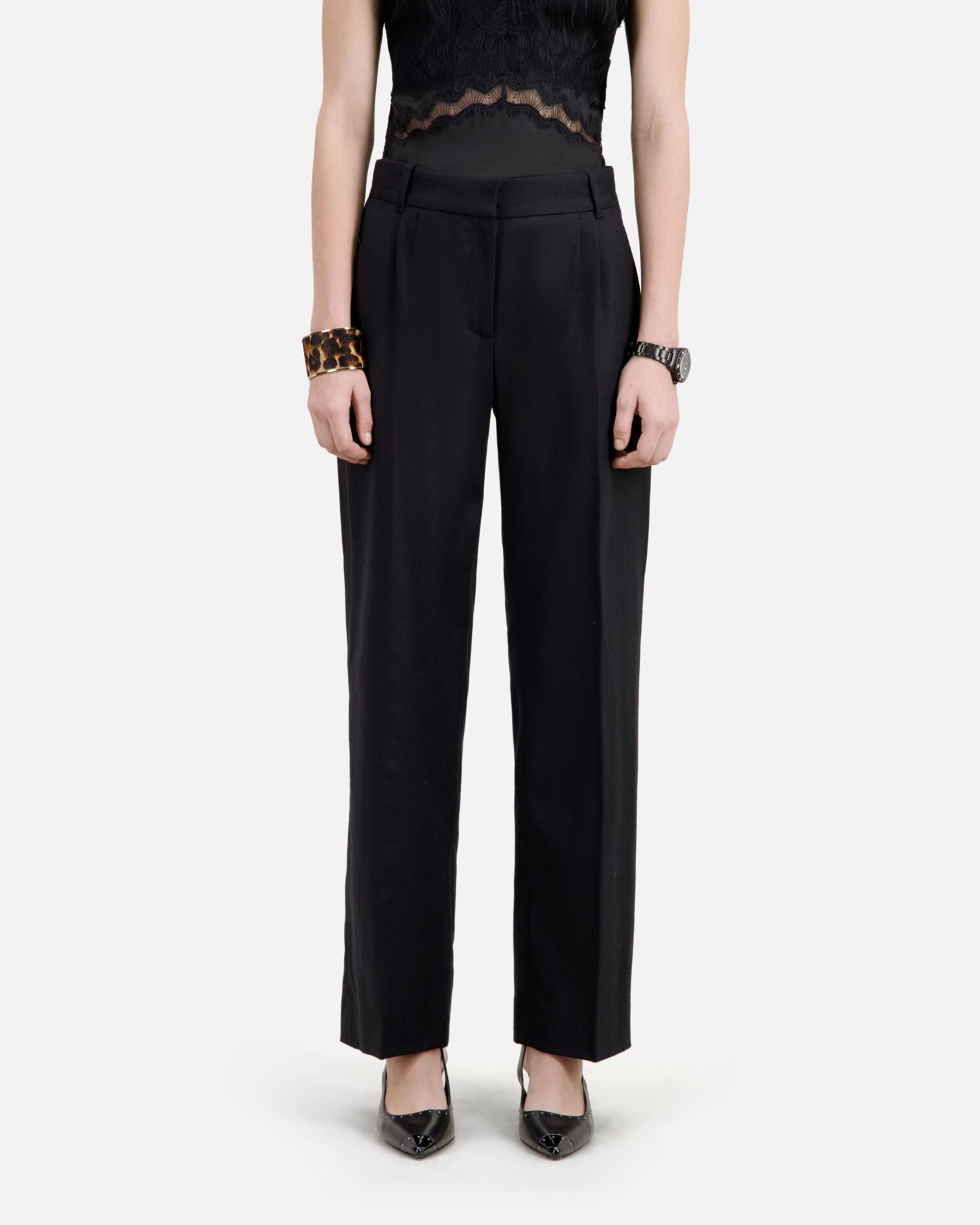 Black flannel trousers with pleats, BLACK, hi-res image number null