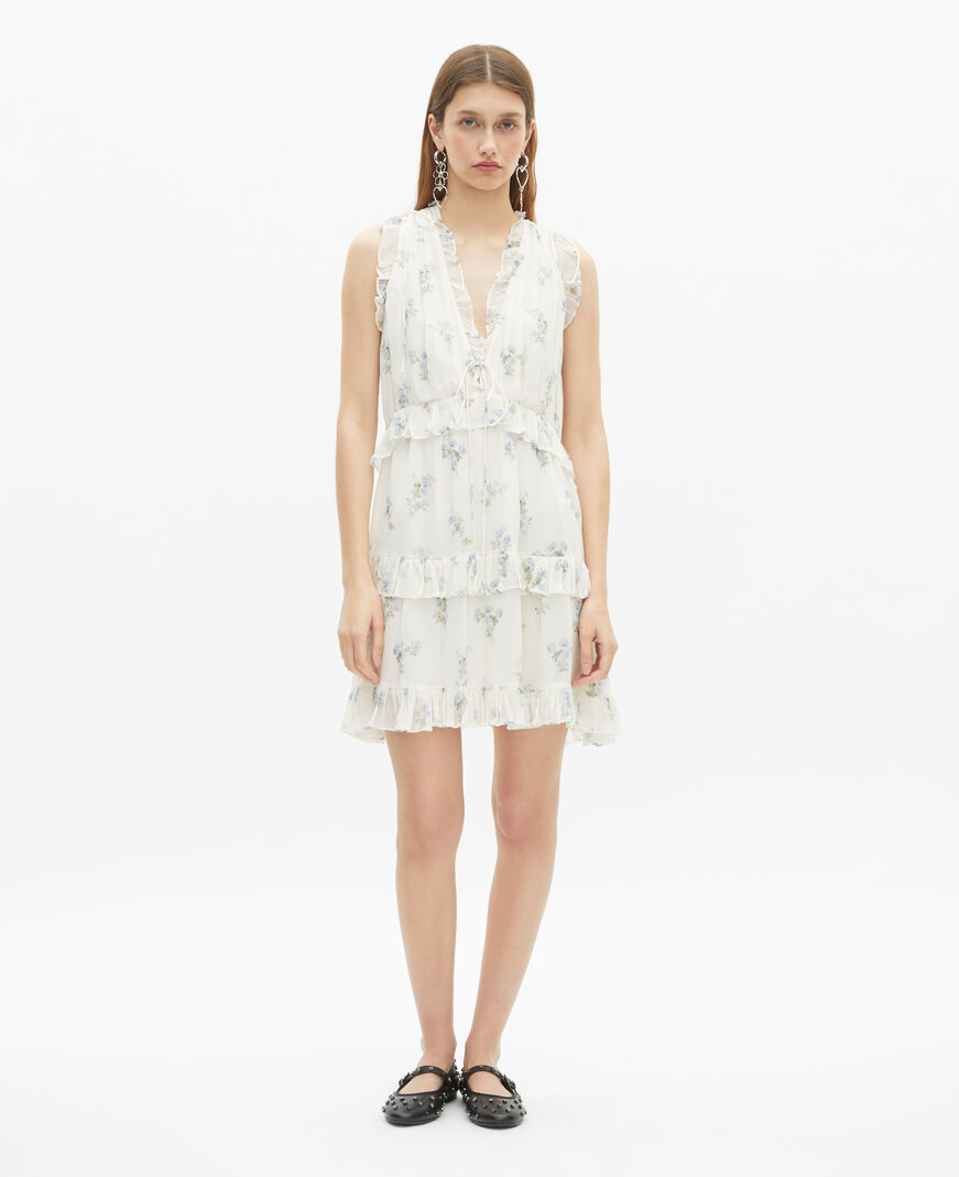 The Kooples F WHITE / SKY BLUE white floral print short dress with ruffles