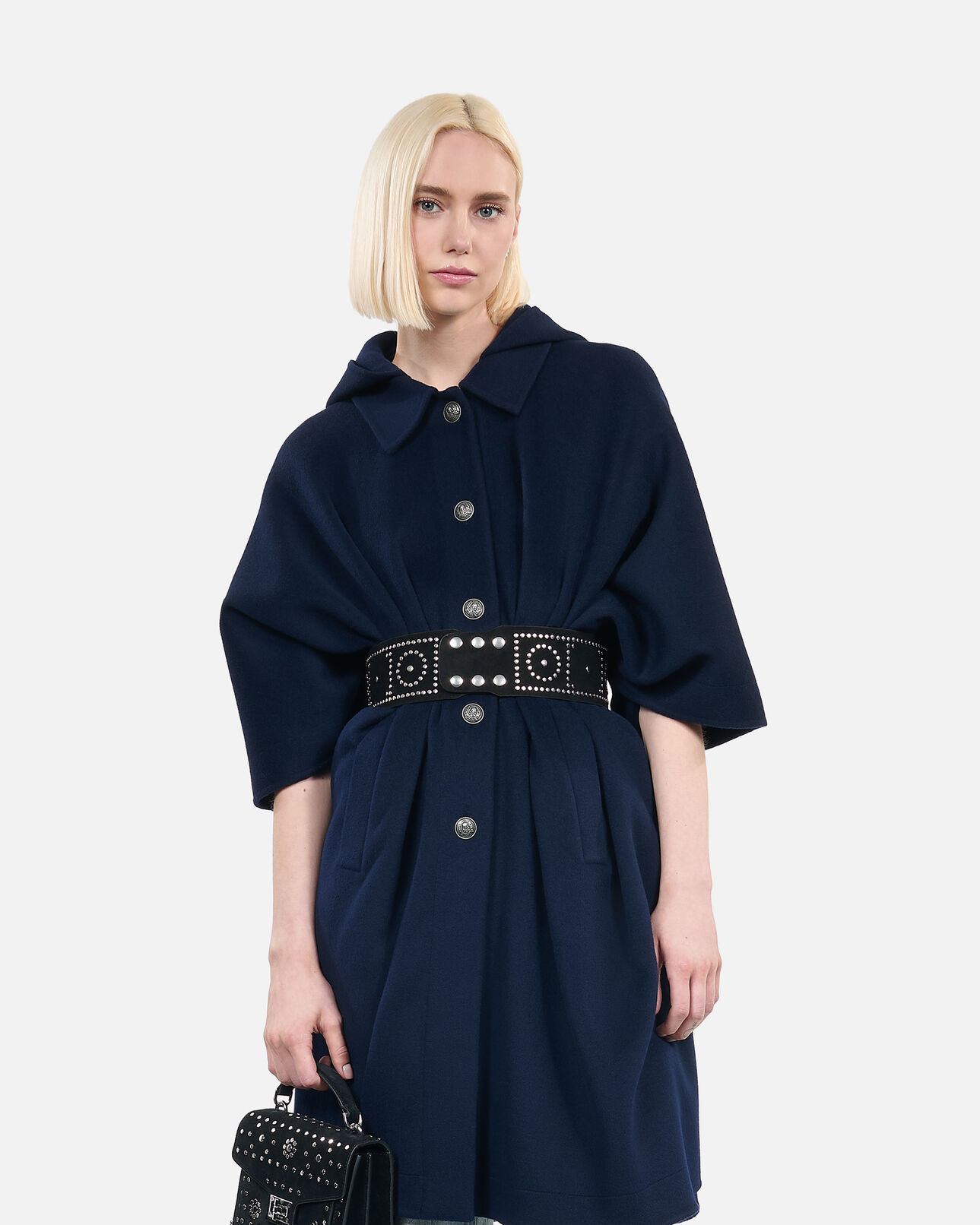 The Kooples FEMME NAVY cape longue à capuche en laine mélangée bleu marine