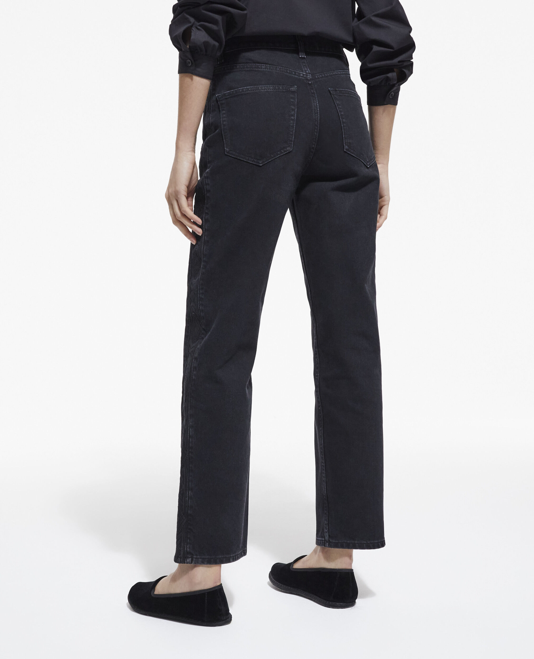 Schwarze Jeans mit geradem Bein und Stickerei, BLACK WASHED, hi-res image number null
