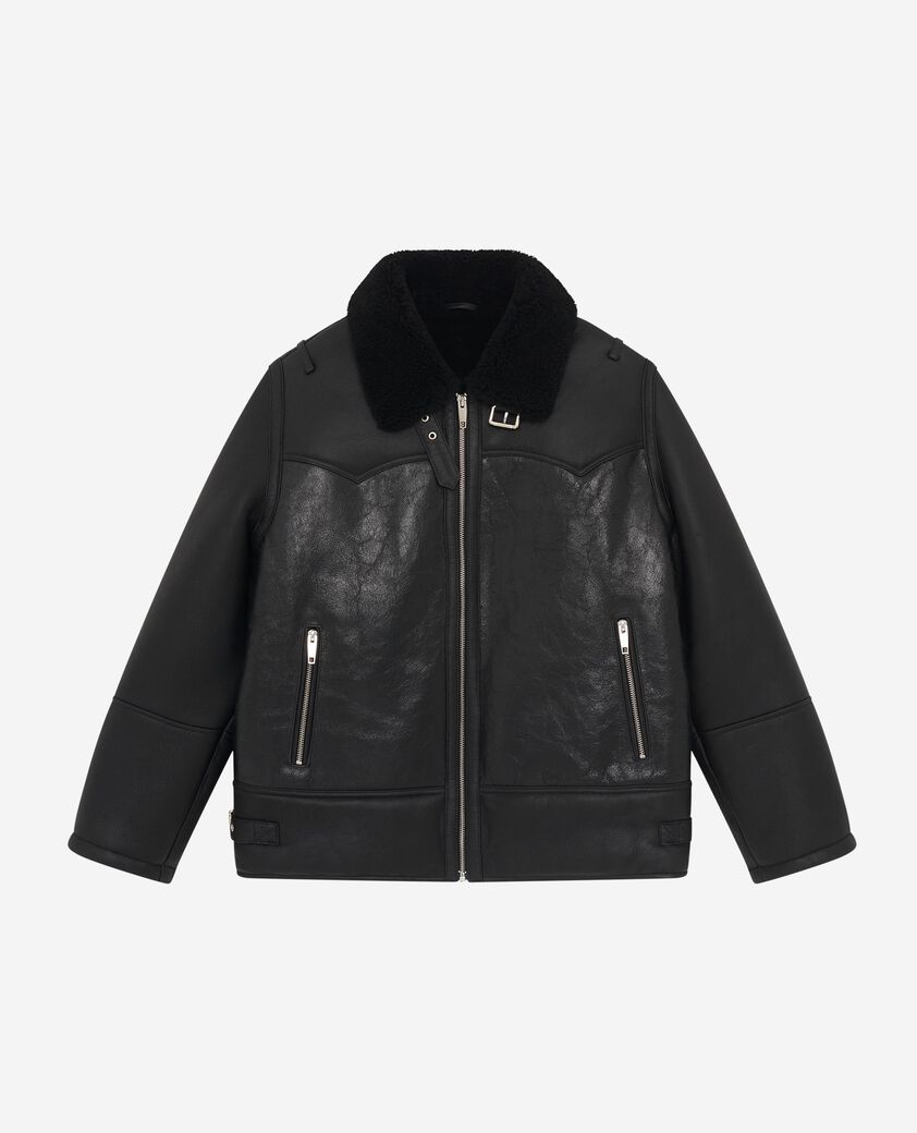 The Kooples FEMME BLACK peau lainée courte avec col sherpa noire