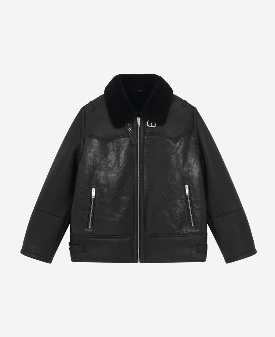 The Kooples FEMME BLACK peau lainée courte avec col sherpa noire
