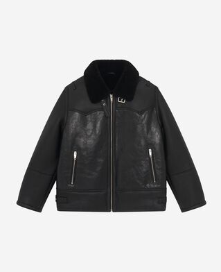 The Kooples FEMME BLACK peau lainée courte avec col sherpa noire