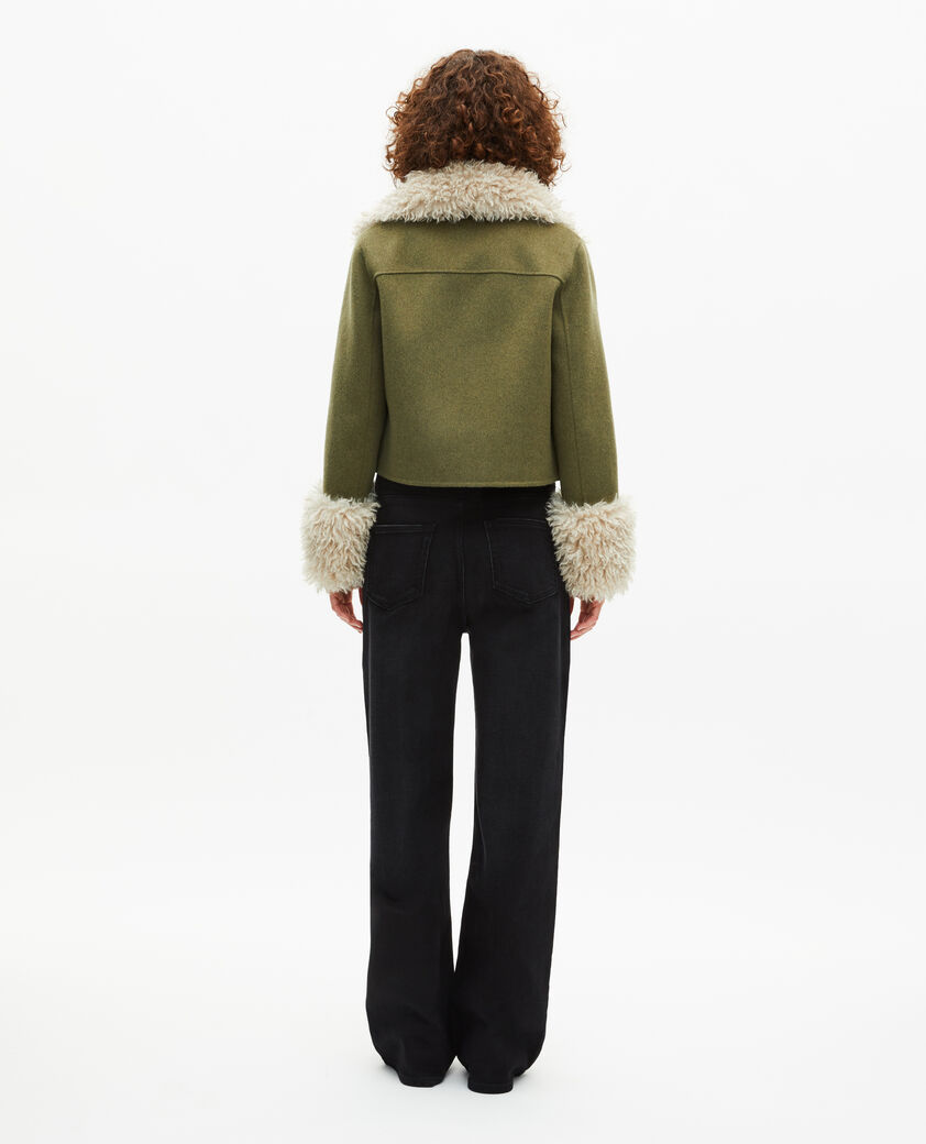 The Kooples F KAKI short wool jacket with khaki sherpa collar