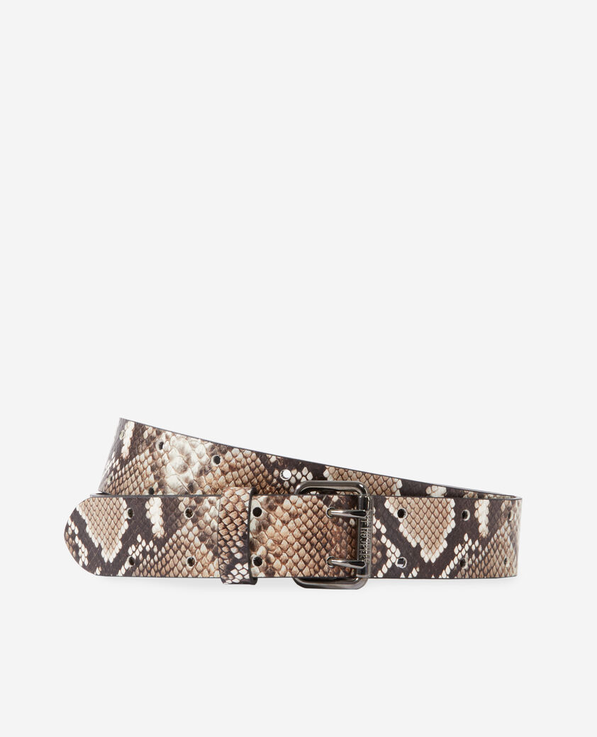 The Kooples MIXED BEIGE-BROWN snakeskin-effect leather belt with square buckle