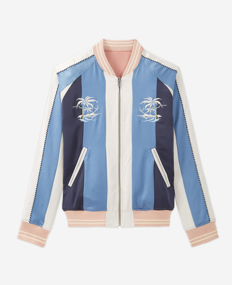 Blue and pink embroidered reversible jacket in fabric | The Kooples