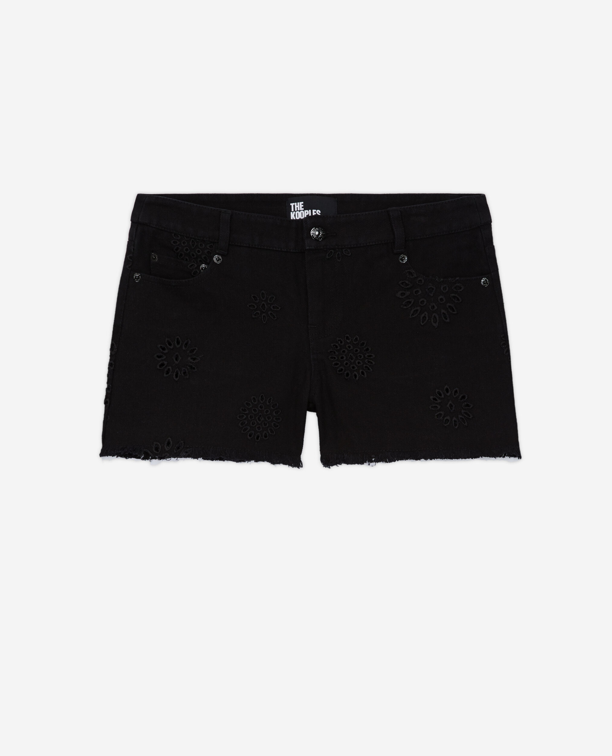 Black denim shorts with broderie anglaise, BLACK, hi-res image number null