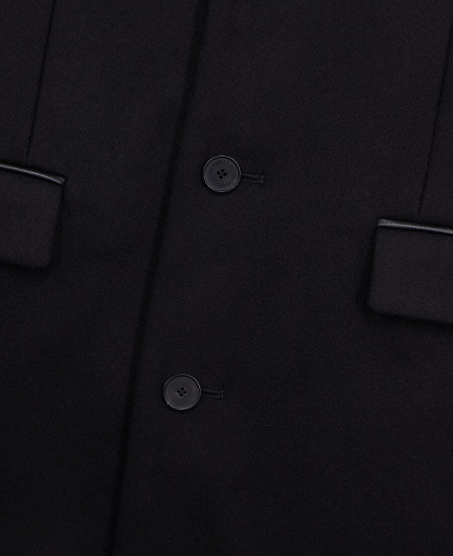The Kooples H BLACK long black coat in wool blend with leather details