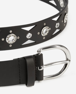 The Kooples WOMEN BLACK black leather belt with cutouts and rhinestone eyelets