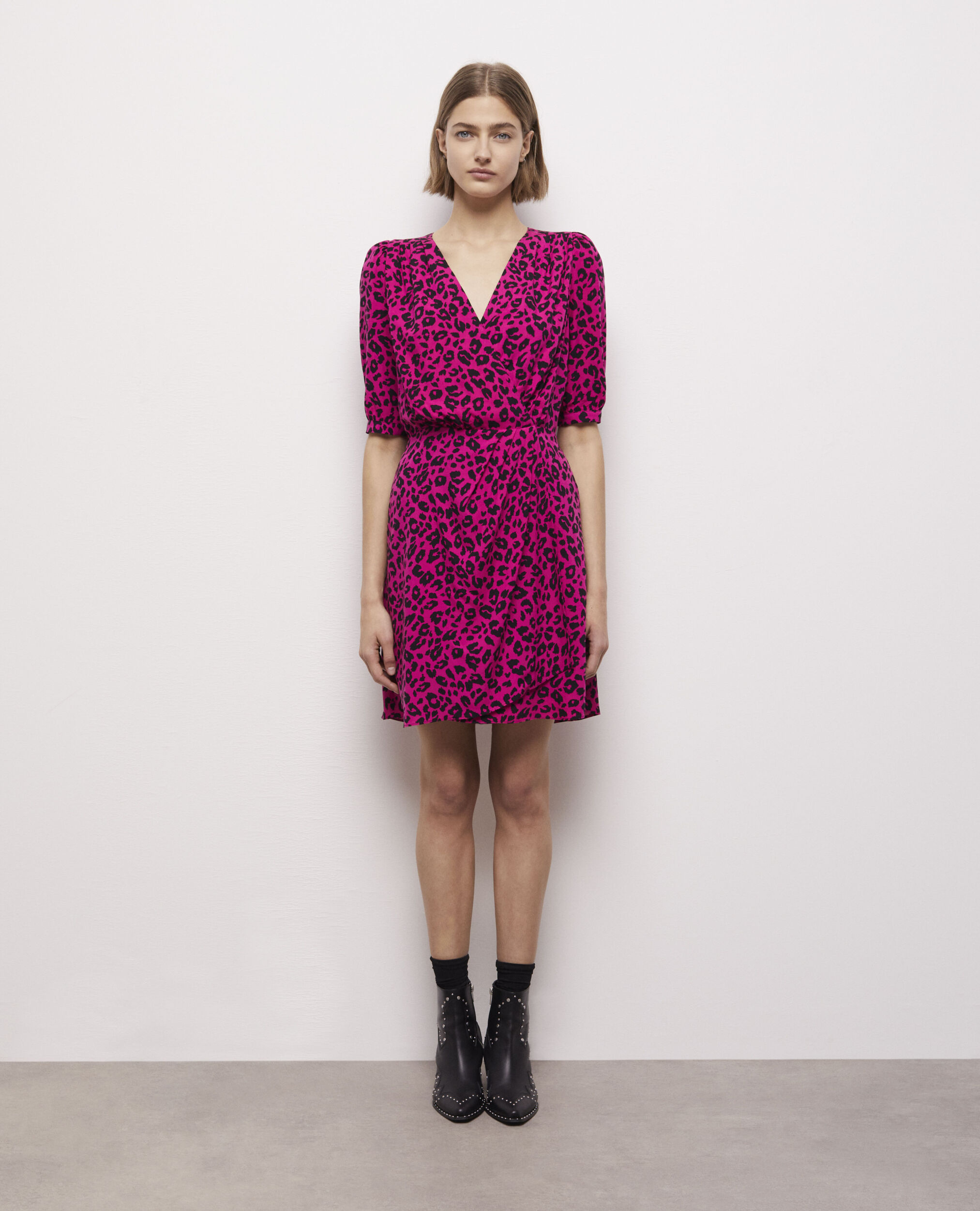 Vestido cruzado corto estampado, PINK BLACK, hi-res image number null