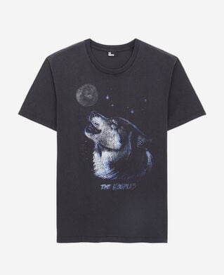 The Kooples H BLACK WASHED men's black t-shirt with wolf serigraphy