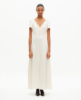 The Kooples F LIGHT BEIGE long silk dress with ecru lace