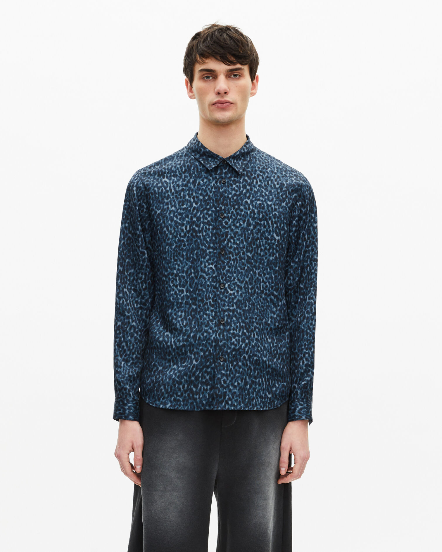Chemise imprimé léopard en soie mélangée, BLUE, hi-res image number null