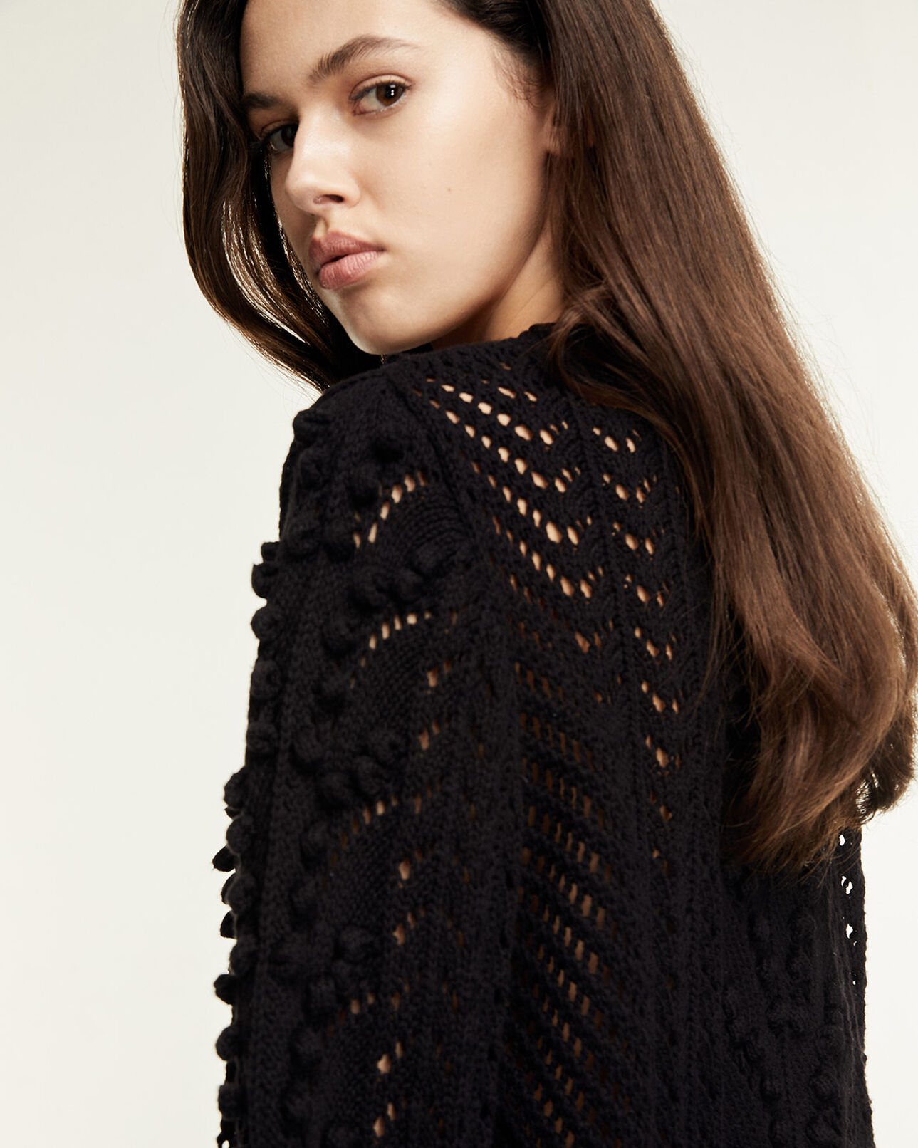 The Kooples DAMEN BLACK baumwollstrickjacke schwarz kurz zopfmuster