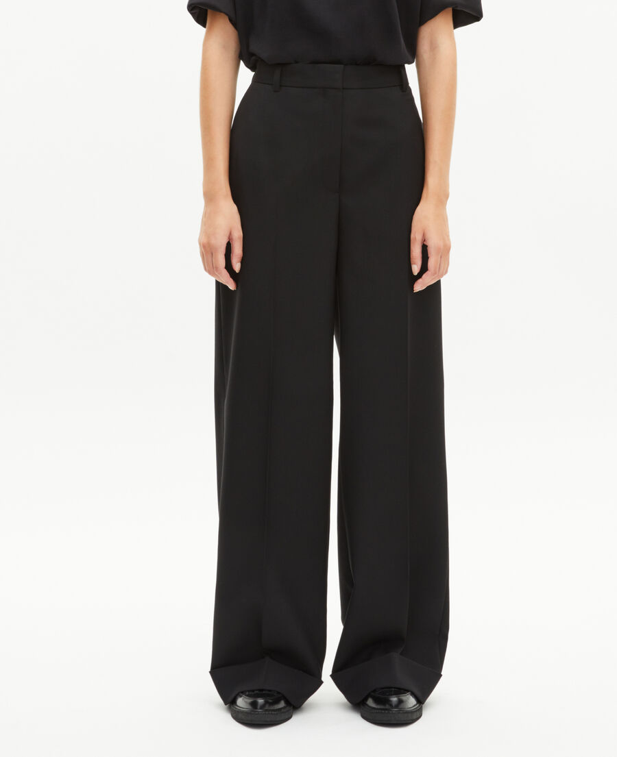 The Kooples FEMME BLACK pantalon large en laine avec revers noir