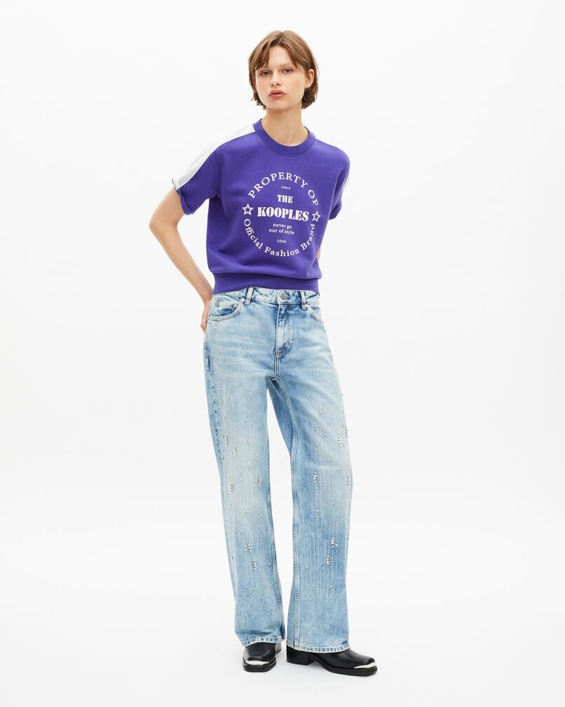 The Kooples DAMEN ELECTRIC BLUE kurzärmeliges sweatshirt mit lila siebdruck