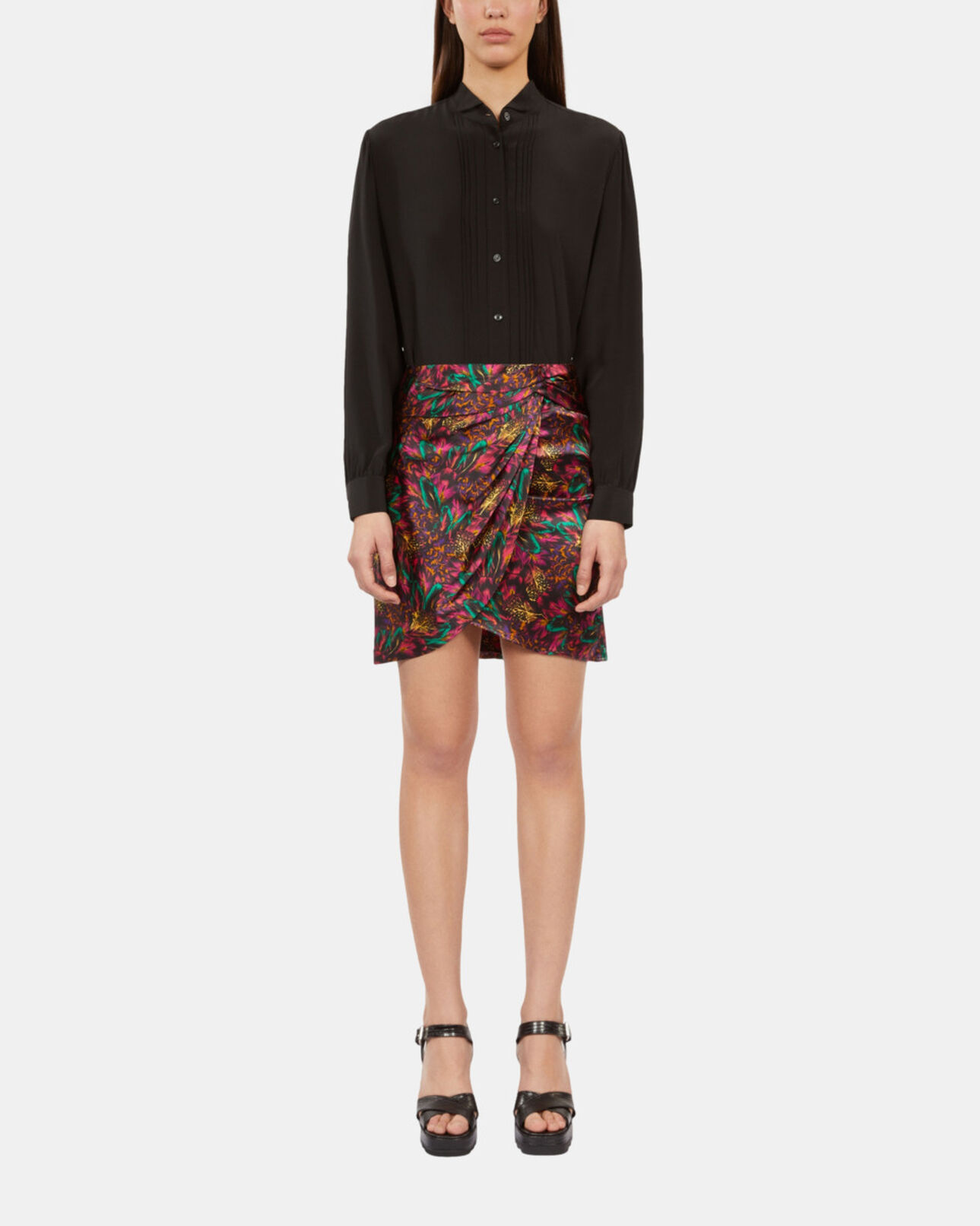 The Kooples WOMEN MULTICOLOR multicolor featherprint short silk skirt with draping