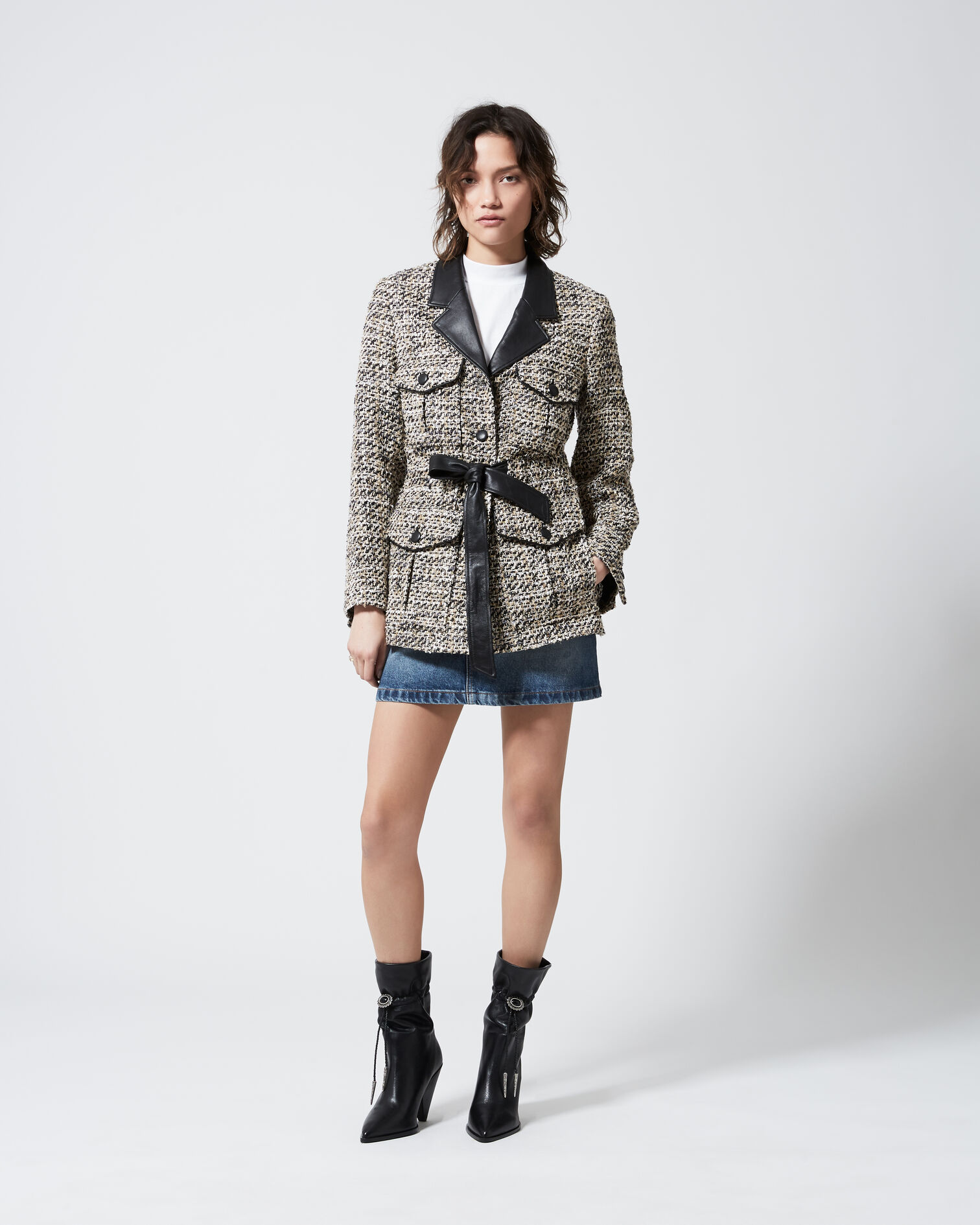 Fitted gray tweed jacket with leather details, GREY BLACK, hi-res image number null