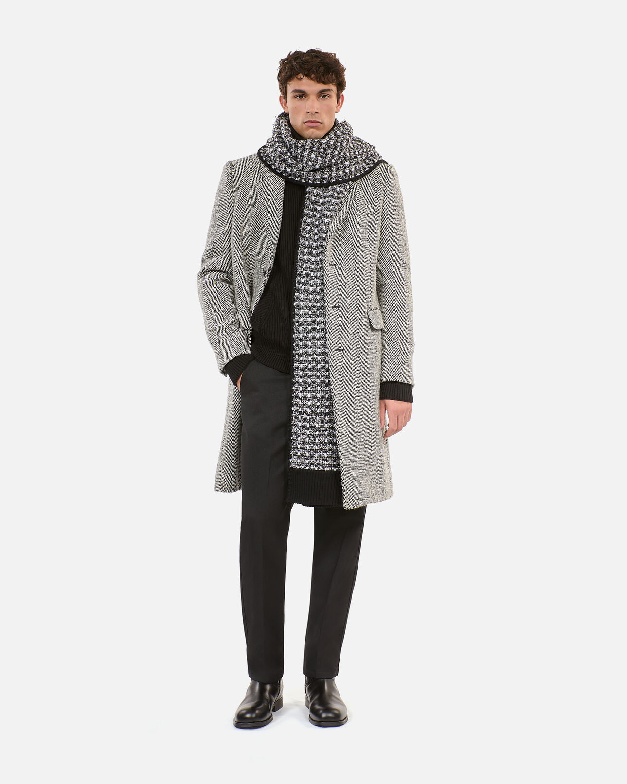 The Kooples HERREN BLACK WHITE langer, schwarz-weißer mantel chevron-muster