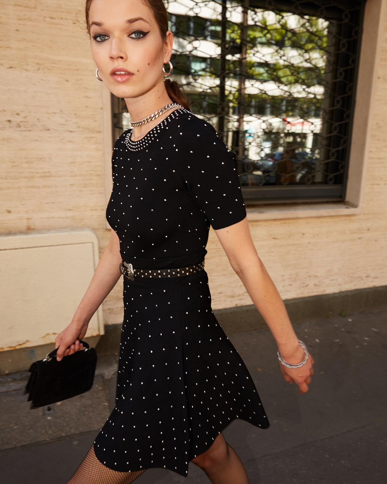 The Kooples WOMEN BLACK studded short black skirt in stretch fabric