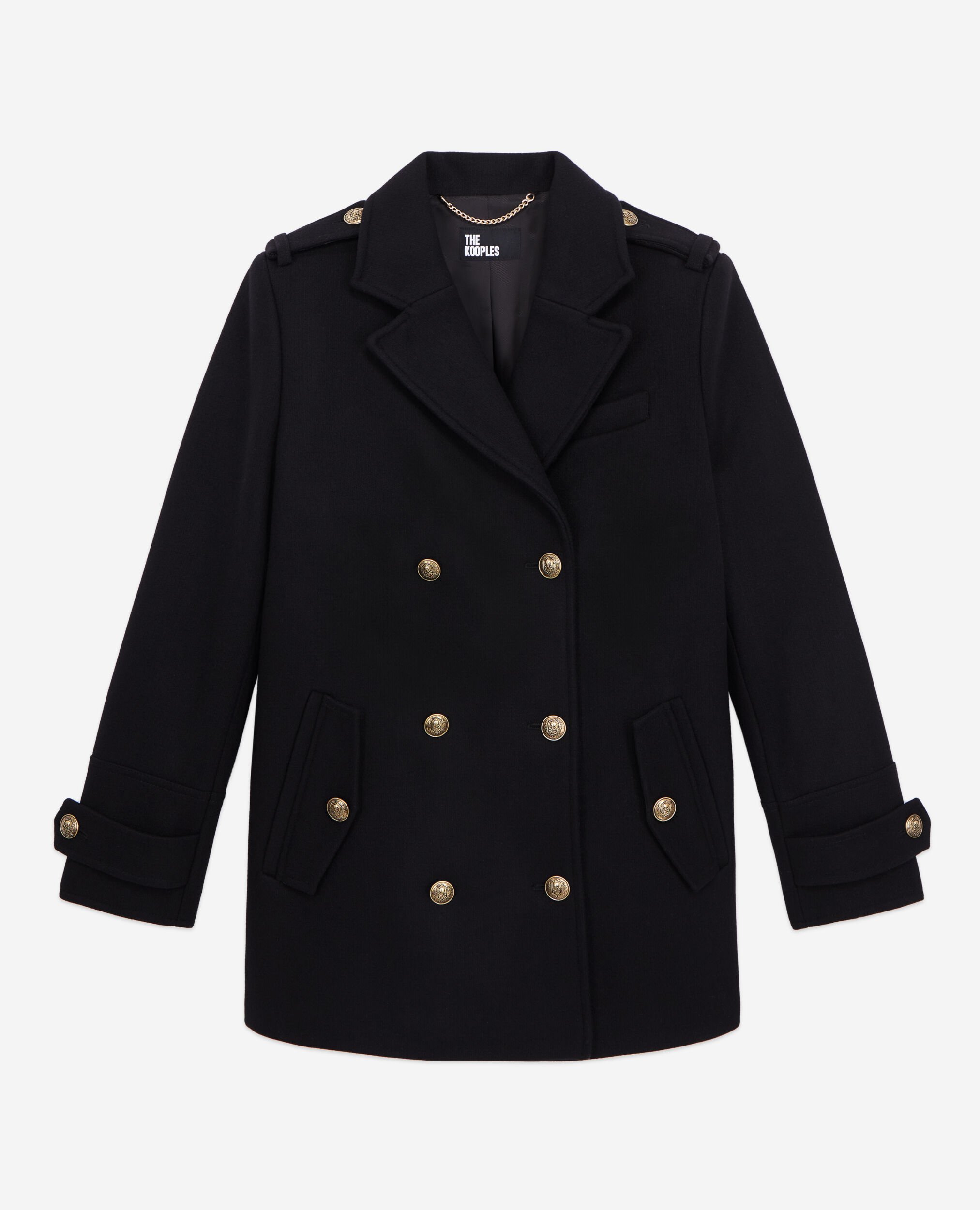 Black wool-blend pea coat, BLACK, hi-res image number null