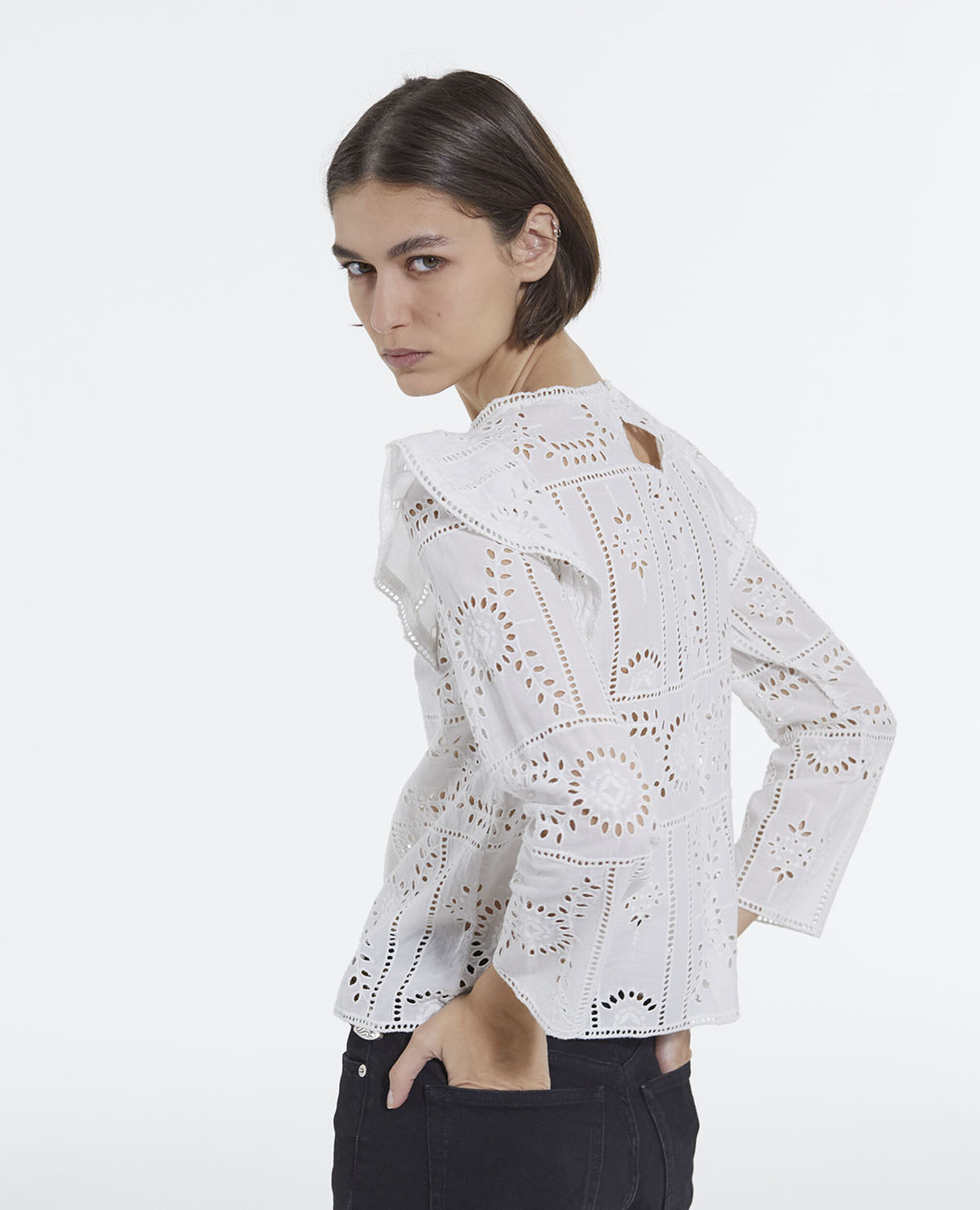 White embroidered top w/ long frilly sleeves, WHITE, hi-res image number null