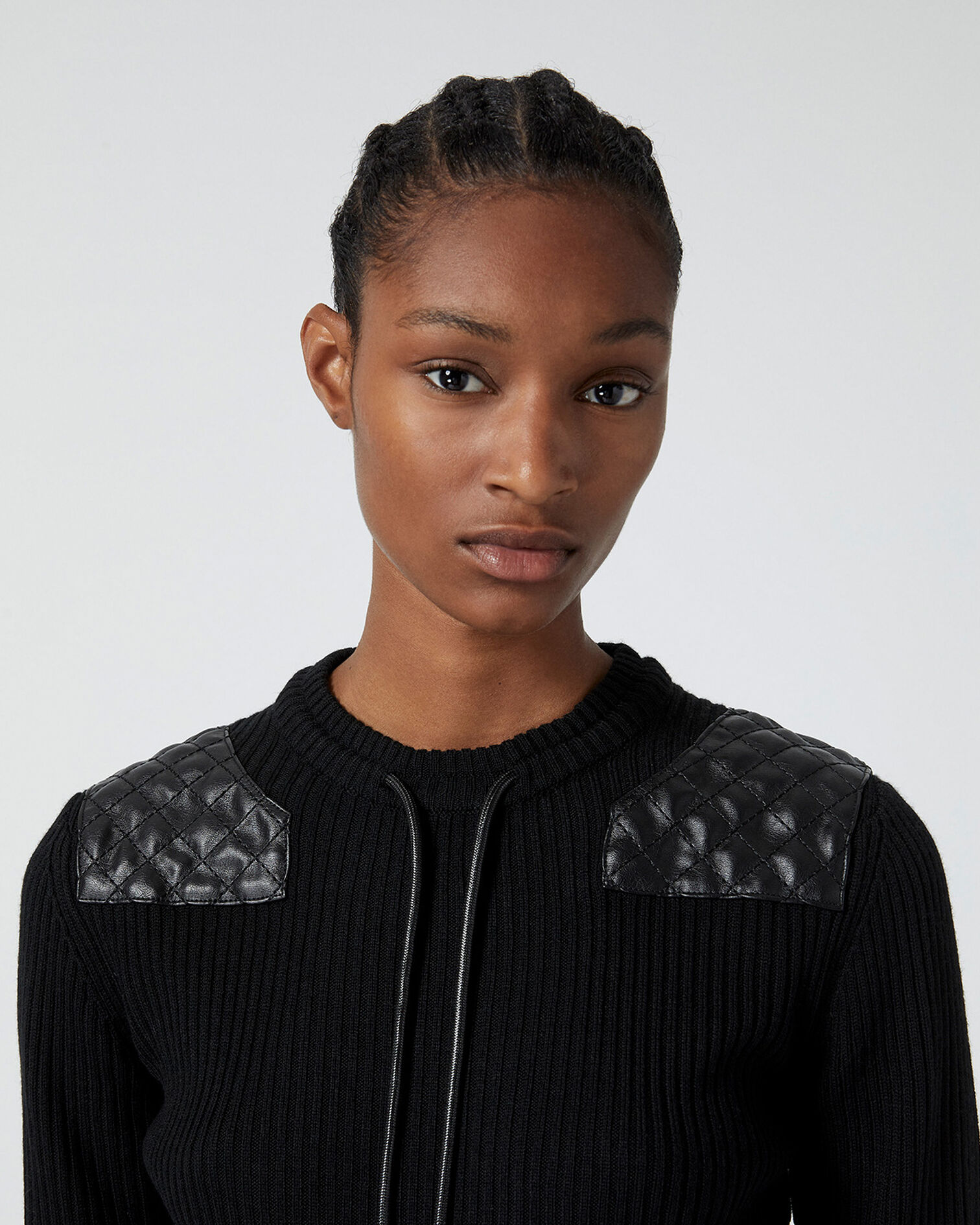 Cropped black sweater with shoulder inserts, BLACK, hi-res image number null