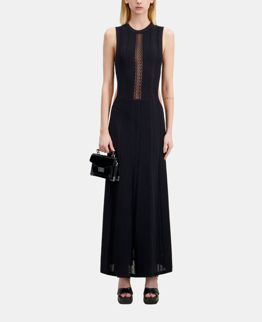 The Kooples FEMME BLACK robe longue en maille ajourée noire