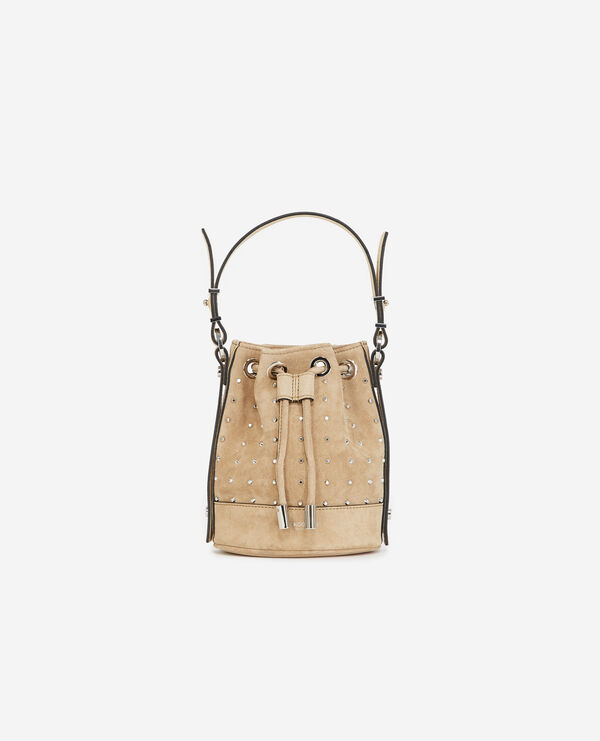 studded small tina bag in beige suede