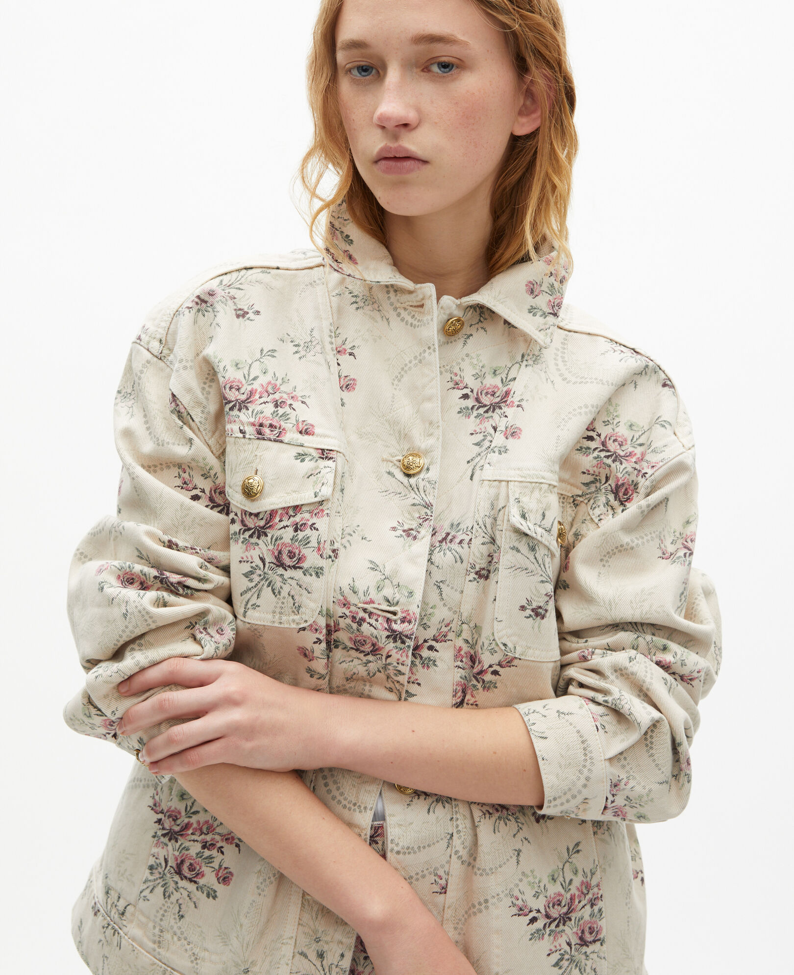 The Kooples WOMEN BEIGE TAUPE beige denim jacket with 'antik flowers' print