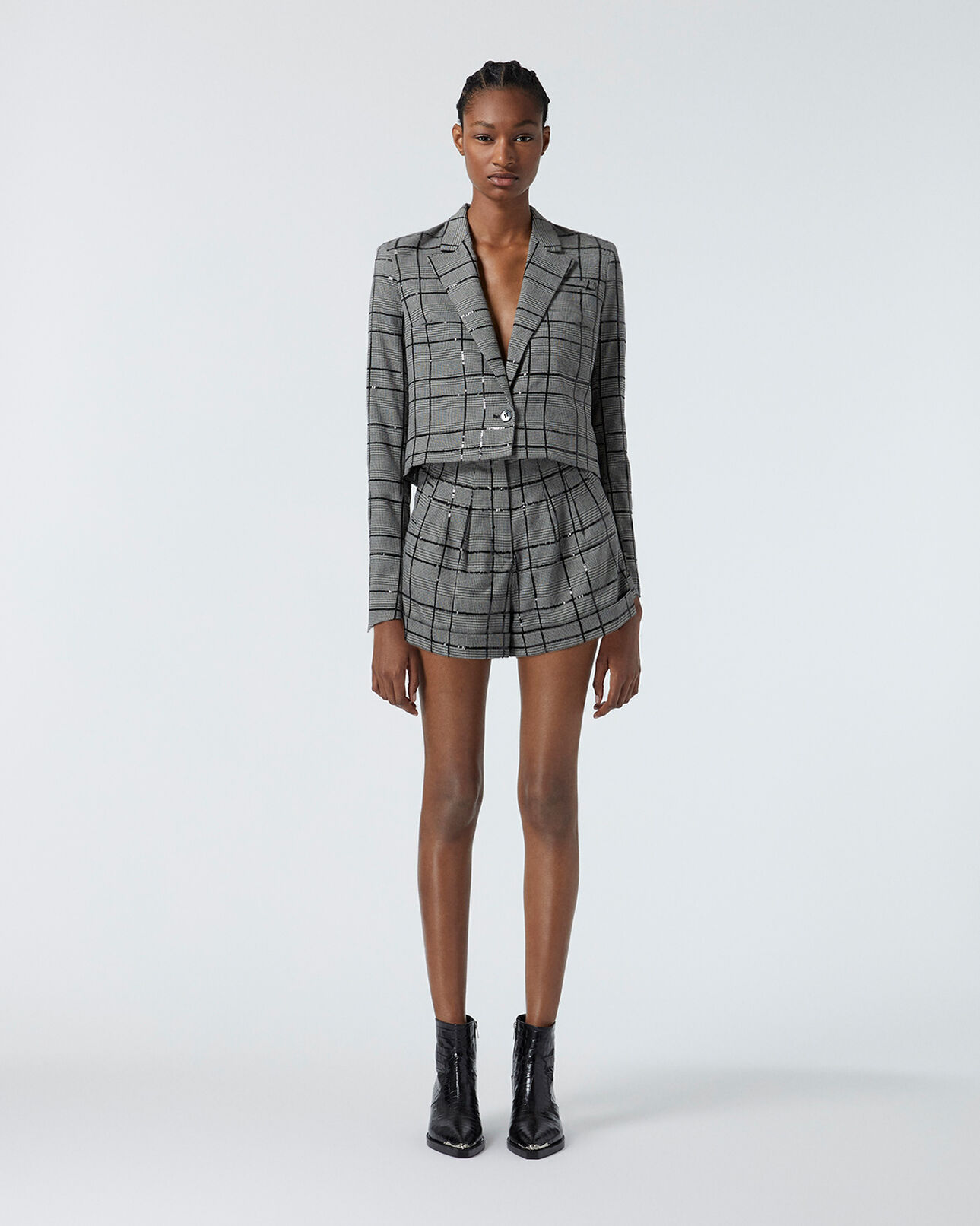 The Kooples WOMEN GREY BLACK grey and black check shorts with rhinestones