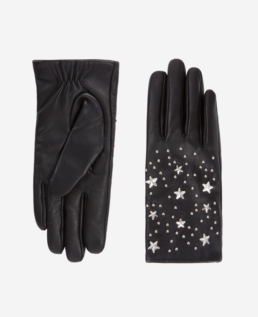 더 쿠플스 The Kooples Gants en cuir noir avec etoiles,BLACK