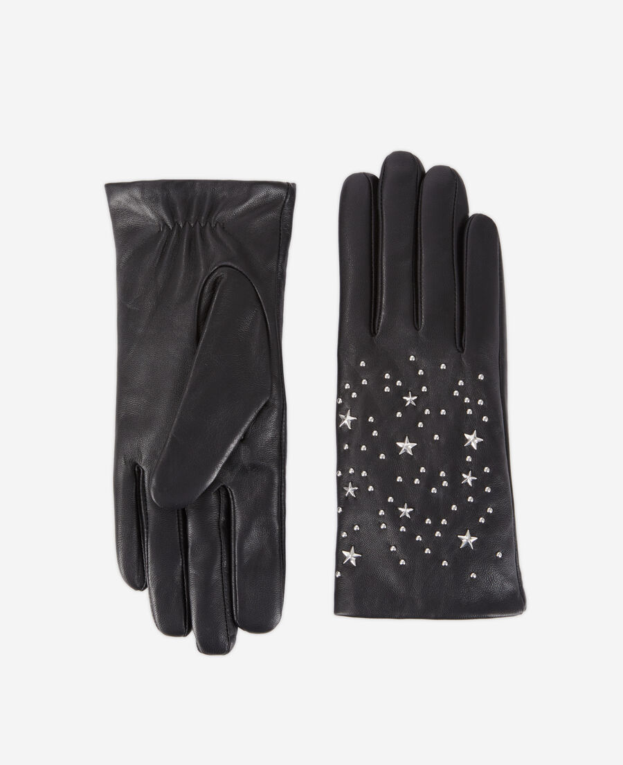 gants femme en cuir noir avec étoiles